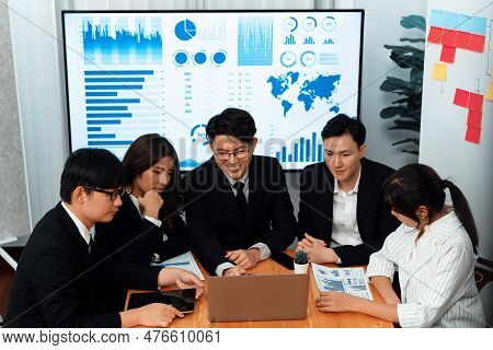 Business Team Of Financial Data Analysis Meeting With Business Intelligence, Report Paper And Dashbo