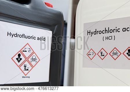 Hydrofluoric Acid, Hazardous Chemicals And Symbols On Containers, Chemical In Industry Or Laboratory