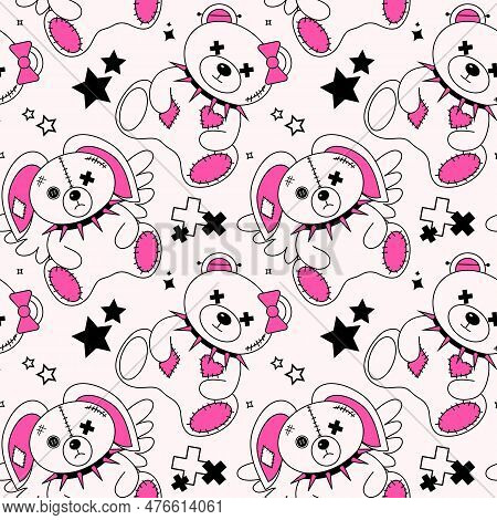 2000s Emo Girl Kawaii Seamless Pattern. Y2k, 90s Glamour Aestetic. Cartoon Characters Teddy Bear And