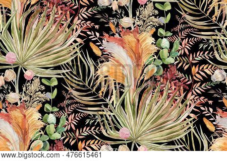 Seamless Pattern With Herbs And Palm Leaves And Pampas Grass For Textile