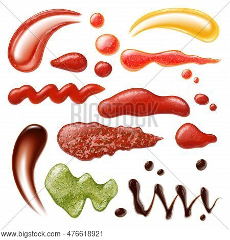 Sauces Stripes And Drops, Realistic Ketchup, Mayonnaise And Mustard. Chili With , Isolated Soy Sauce