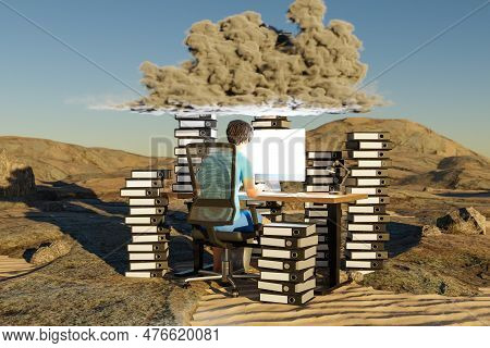 Man Sitting At Pc Office Workplace In Desert Environment With Huge Stacks Of Binders And Cloud Over 