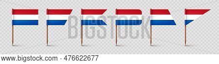 Realistic Various Dutch Toothpick Flags. Souvenir From Netherlands. Wooden Toothpicks With Paper Fla