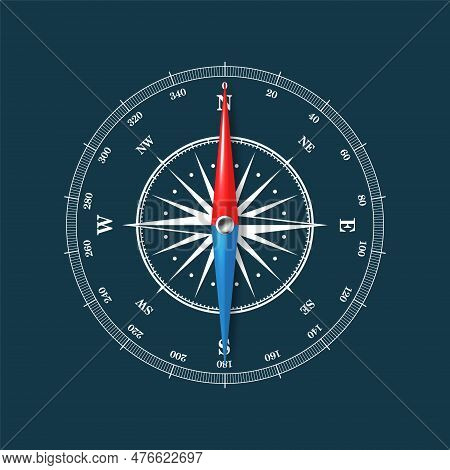 Marine Compass, Nautical Wind Rose With Cardinal Directions Of North, East, South, West And Degree M