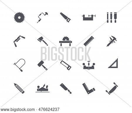 Tool For Wood Old Black Icons Set. Chisel And Pak Saws, An Ax. Deforestation And Processing Of Wood,