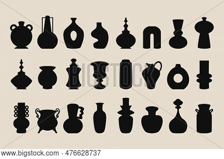 Black Ink And Silhouette Isolated Decoration Vases, Pots, And Jars Icons Set Design Elements On Ligh