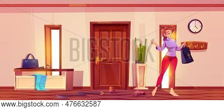 Woman In Messy House Hallway Interior Near Closed Door Cartoon Background. Home Hall Entrance With S