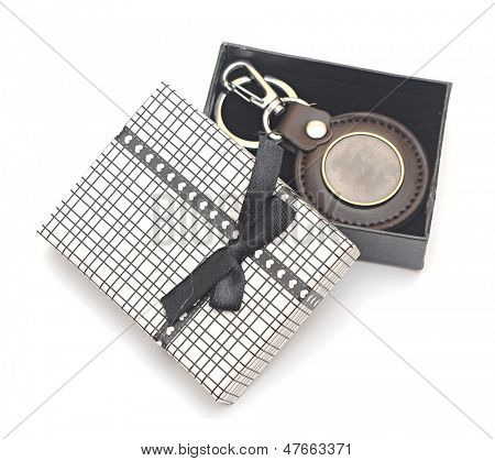 key chain with blank metal plate in gift box