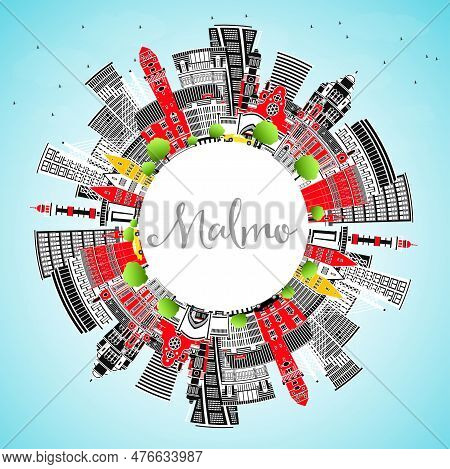 Malmo Sweden City Skyline With Color Buildings, Blue Sky And Copy Space. Vector Illustration. Malmo 