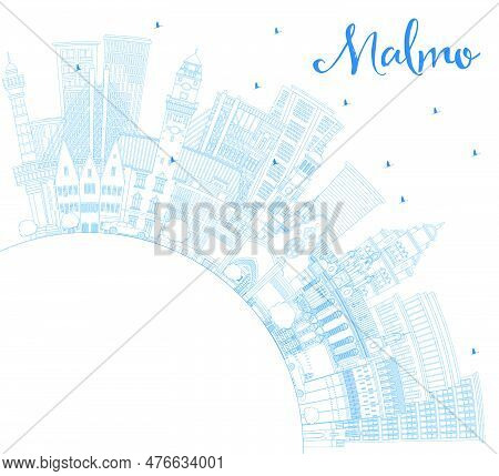 Outline Malmo Sweden City Skyline With Blue Buildings And Copy Space. Vector Illustration. Malmo Cit