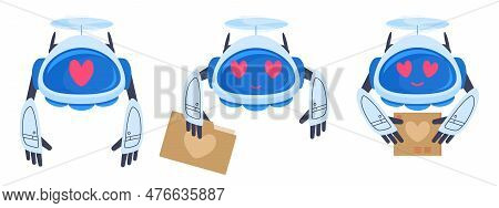 Valentines Day Love Mail Delivery Drones. Cartoon Romantic Aerial Drone, Cute Robots Carrying Love P