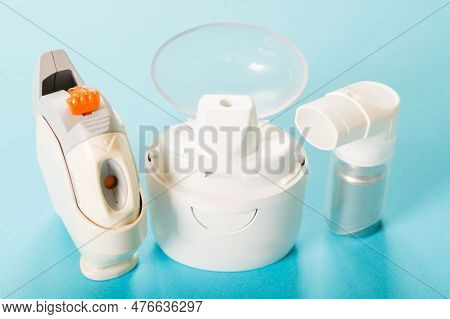 White Medicine Inhalers For Treatment Of Violations Of Respiratory Functions. Health Care Concept.