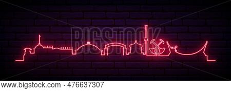 Red Neon Skyline Of Santa Cruz Beach Boardwalk. Bright Santa Cruz Beach Boardwalk Long Banner. Vecto