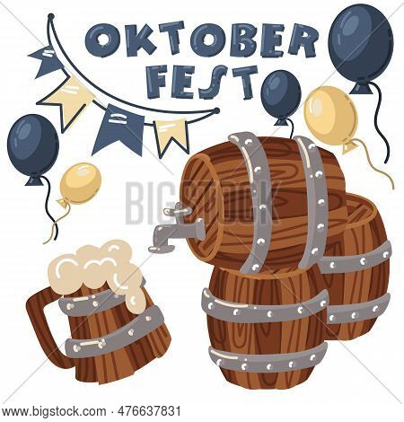 Oktoberfest Is A German Beer Festival In Bovary. The Name With A Stretch Of Flags, Balloons With Lar