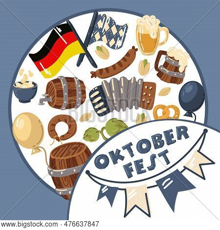 Oktoberfest Is A Bovary Beer Festival. The Name With The Elements Of The Festival Arranged In A Circ
