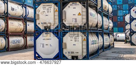 Samut Prakan, Thailand-april 16, 2023: Chemical Tank Container. Iso Tank Container For Chemical Deli