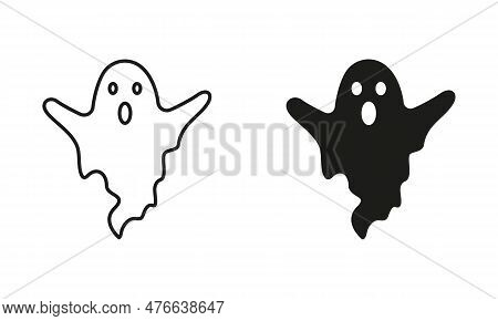 Halloween Ghost Line And Silhouette Black Icon Set. Spooky And Scary Monster For Halloween Pictogram