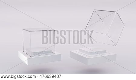 Glass Cube Box On White Stand And Open Clear Square Showcase On Empty Plastic Podium, Angle View. Re
