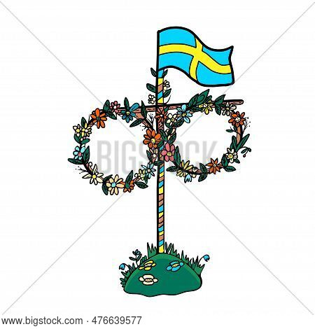 Midsummer Wooden Pole Twined With Flowers And Ribbons. Template For Sweden Longest Summer Day Holida