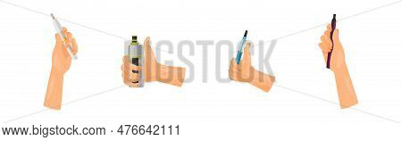 Hand With Electronic Cigarette Simulating Tobacco Smoking Vector Set