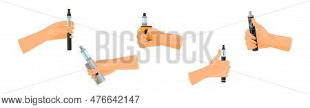 Hand With Electronic Cigarette Simulating Tobacco Smoking Vector Set