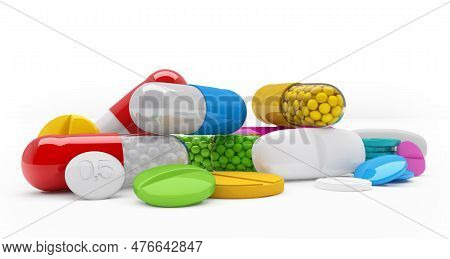 3d Rendering Of Colorful Tablets, Pills, Capsules - Medicament Over White Background.