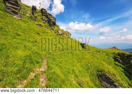 Ukrainian Carpathians Watershed Ridge Adventures. Terrain With Stones And Rocks Of Pikui Mountan. Gr