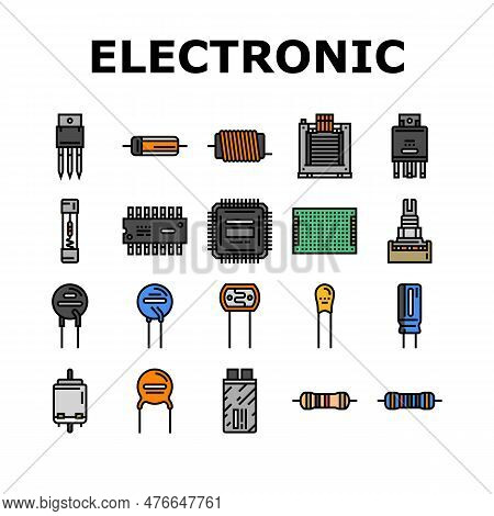 Electronic Component Circuit Chip Icons Set Vector. Technology Computer, Hardware Microchip, Process