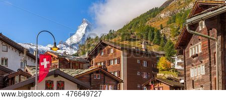 Matterhorn Snow Mount Close-up And Zermatt Alpine Houses, Switzerland, Swiss Alps Banner