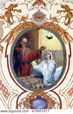 Zlatar, Croatia - November 17, 2011: Birth Of The Virgin Mary, Fresco On The Ceiling In The Parish C