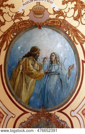 Zlatar, Croatia - November 17, 2011: Mary's Arrival In Heaven, Fresco On The Ceiling In The Parish C