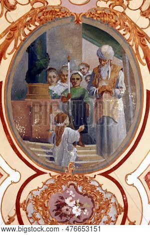 Zlatar, Croatia - November 17, 2011: Presentation Of Virgin Mary At The Temple, Fresco On The Ceilin