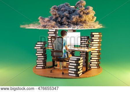 Man Sitting At Pc Office Workplace On Infinite Background With Stacks Of Document Binders And Cloud 