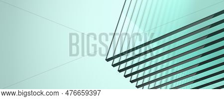 Wide Angle Abstract Background With Stack Of Flat Green Glass. Copy Space. 3d Rendering Illustration