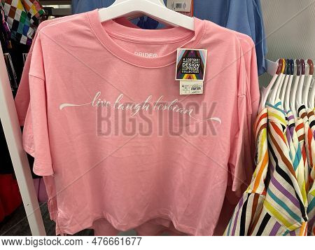 Crystal, Minnesota - May 11, 2023: Pink Live Laugh Lesbian T-shirt For Sale, Part Of The 2023 Target