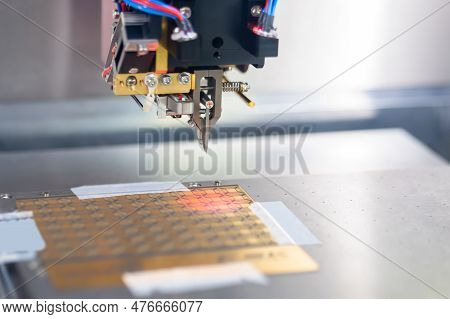 Automatic Desktop Wire Bonder Machine During Work At Exhibition Or Trade Show - Close Up. Automated 