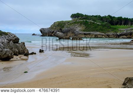 View On Playa De Palombina Las Camaras In Celorio, Green Coast Of Asturias, North Spain With Sandy B