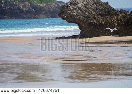 View On Playa De Palombina Las Camaras In Celorio, Green Coast Of Asturias, North Spain With Sandy B