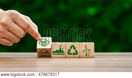 Co2 Emission Reduction Concept, Businessman With Environmental Technology Icons, Global Warming, Sus