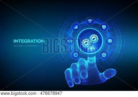 Integration Data System. System Integration Concept On Virtual Screen. Industrial Smart Technology. 