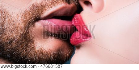 Man With Woman Kisses. Close Up Of Couple Lips Wants To Kiss.