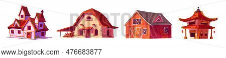 Set Of Old European And Asian Buildings Isolated On White Background. Vector Cartoon Illustration Of