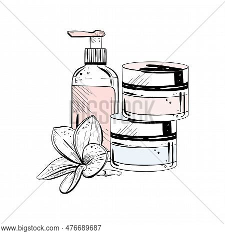 Vector Illustration Of Set Of Containers On White Background. Black Outline Of A Jars Of Face Cream,