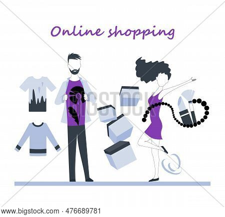 Online Virtual Shopping Ecommerce Customer Service Concept. Vector Shopping Poster With Boy And Girl