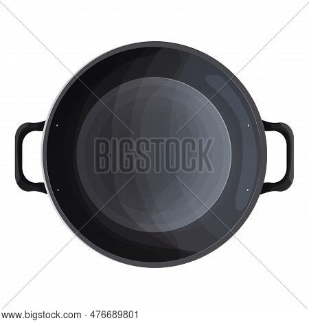 Wok Frying Pan, Empty Cookware Bowl Top View In Cartoon Style. Steel Souspan, Pot Isolated On White 