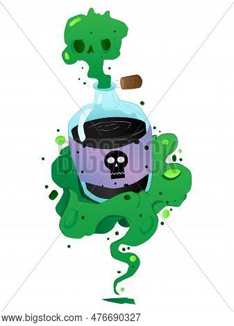A Bottle Of Poison From Which Green Steam Comes Out In The Form Of A Cloud With A Skull