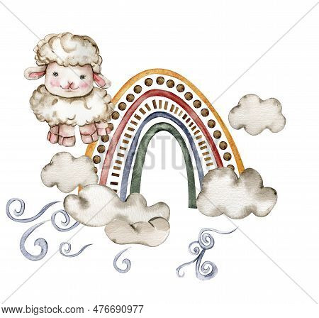 Cute White Fluffy Sheep Sitting On The Rainbow And Clowds Arround It. Illustration Of Farm Baby Anim