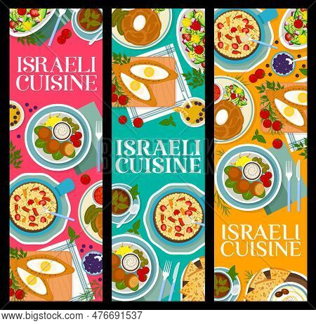 Israeli Cuisine Restaurant Meals Banners. Deep Fried Matzo Balls, Black Tea And Chickpea Salad, Humm