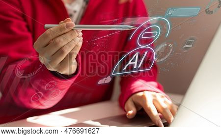 Woman Using Chatbot In Computer And Tablet Smart Intelligence Ai. Chat Gpt Chat With Ai Artificial I