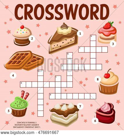 Cakes, Cupcakes And Desserts. Crossword Puzzle Worksheet. Find A Word Quiz Game Grid, Children Cross